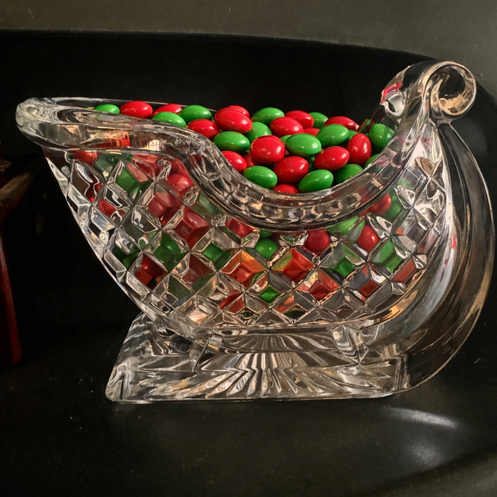 Vintage Crystal Santa Sleigh Heavy Pressed Glass Holiday Centerpiece Candy Bowl